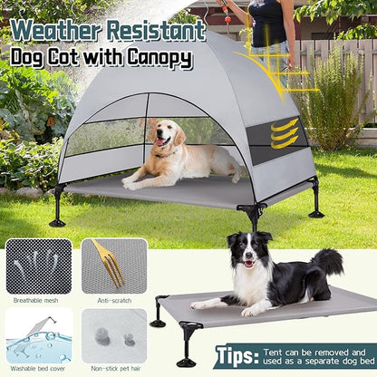 Elevated Outdoor Dog Bed with Canopy & Adjustable Feet - Larger Shade for Camping, Backyard & Patio
