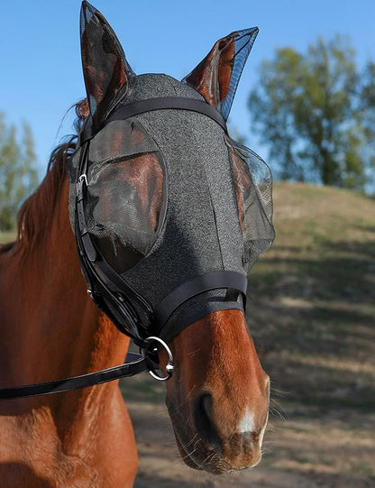 Horse Fly Mask with Ears, UV Protection Mask for Horses, Elasticity Mask with Big Mesh Eye Covers, Snug Fitting Comfortable Breathable Lightweight Dappled Gray Cob