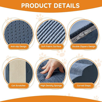 Navy Portable Pet Steps - 4-Step Dog & Cat Ramp for Bed, Couch, Sofa & Chairs - Non-Slip, High Density Foam