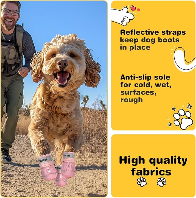 Hcpet Dog Shoes for Large Dogs, Breathable Dog Booties for Small Medium Dogs, Anti-Slip Dog Boots & Paw Protectors for Hot Pavement Winter Snow Hiking with Reflective Straps Pink Size 4