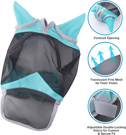 Horse Fly Mask with Ears & Long Nose Cover | Forelock Opening for Tangle-Free Mane Care | UV Protection & Breathable Mesh | No Rub Fit and Enhanced Visbility for Trail Riding Turquoise Pony
