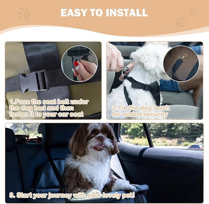 Dog Car Seat for Small Dogs, Large Leather Dog Car Bed with Storage Pocket, Waterproof PVC Leather Booster Seat Travel Bed for Front & Back Seat, Clip-On Safety Leash (Green/Brown)