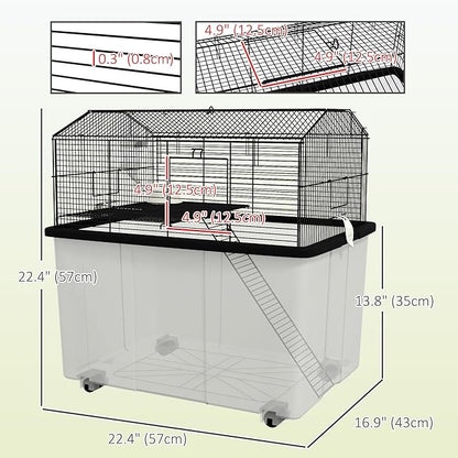 PawHut Hamster Cage, Gerbil Cage 2 Tier with Wheels, Deep Bottom, Ramp, Food Dish, Water Bottle, for Dwarf Hamster, Syrian Hamster, 57 x 43 x 57cm - Black