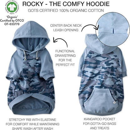 Rocky – The Orginal Lightweight Hooded TEE 100% Organic Cotton Dog Hoodie Pet Coat Sweater for Small, Medium, Large Dogs, Navy Half Camo, X-Small