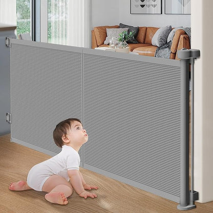 Upgrade Retractable Baby Gates, 35" Tall Extends up to 60" Wide, Mesh Dog Gate Indoor for Stairs, Outdoor Reinforced Pet Gate with Support Rods for Doorways Hallways Kitchen Bedroom, Grey