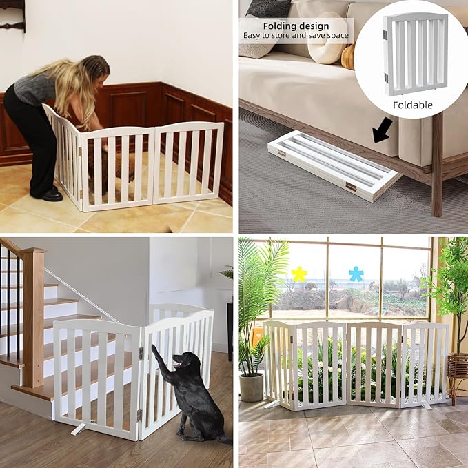 ZJSF Foldable Freestanding Indoor Dog Gate for House Wood White Long Pet Gates Dog Fence for Stairs Puppy Gates for Hallways,Pet Fence, Puppy Gate,Support Feet Included 24 "Height-4 Panels