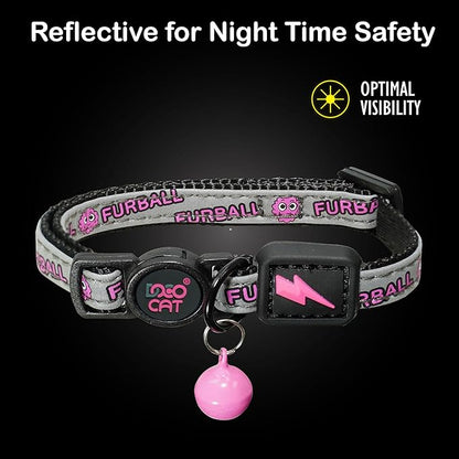 DOCO Cat Collar (Neck Girth - 3/8" x 7.5-12", Weight Upto - 13lb) Reflective Cat Collar with Bell, Breakaway Safety Buckle, Adjustable Nylon Strap for Kittens & Adult Cats (Black)