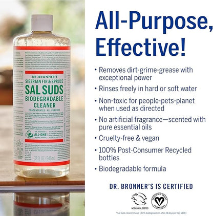 Dr. Bronner's - Sal Suds Biodegradable Cleaner (1 Gallon) - All-Purpose, Pine Cleaner for Floors, Laundry and Dishes, Concentrated, Cuts Grease and Dirt, Powerful Formula