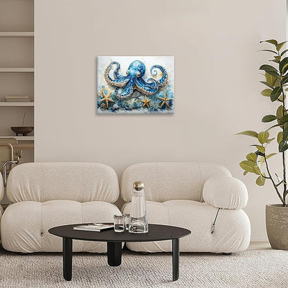 Octopus Bathroom Pictures Wall Art, Sea Animal Ocean Bathroom Wall Decor, Nautical Framed Painting Canvas Artwork for Bedroom Living Room Decorations 20"L x 16"W