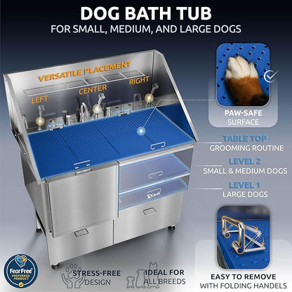 KANIS Professional Dog Washing Station - 304 Stainless Steel Pet Wash Sink & Grooming Bath Tub for Home with Ramp, Shower, Floor Grate, Storage Drawers, and Faucet for Large, Medium & Small Pets