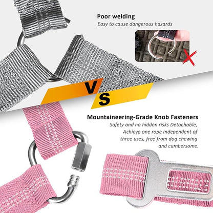 Removable Dog Seat Belt Harness for Car, 3 in 1 Pet Dog Car Seatbelt Leash, Retractable Restraint Secures to Vehicle Headrest & Adjustable Reflective Bungee Dog Seatbelt Tether, Pink and Black