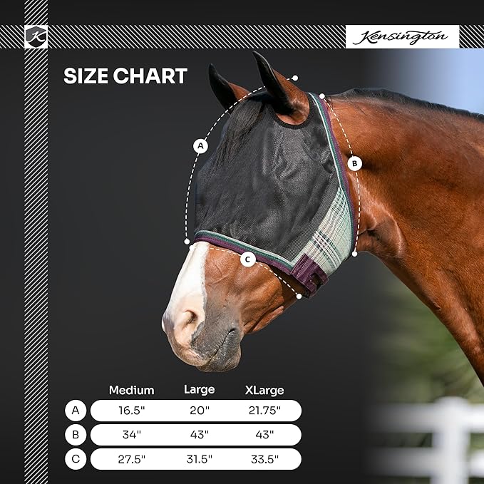Kensington 90% UV Fly Mask Halter CatchMask UViator - Without Ears & Forelock Freedom Web Trim *Roomy Fit*- Large, Atlantis