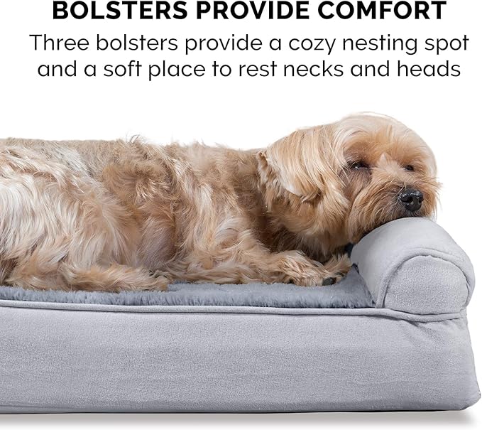 Furhaven Cooling Gel Dog Bed for Medium/Small Dogs w/ Removable Bolsters & Washable Cover, For Dogs Up to 35 lbs - Plush & Suede Sofa - Gray, Medium