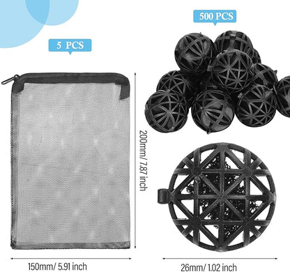 500 Pieces Bio Filter Balls Black Bio Balls for Aquarium Filter Pond Filter 1.02 Inch Internal Bioballs Filter Media with 5 Pieces Aquarium Filter Media Bags Mesh Bags with Zipper for Fish Tank Pond