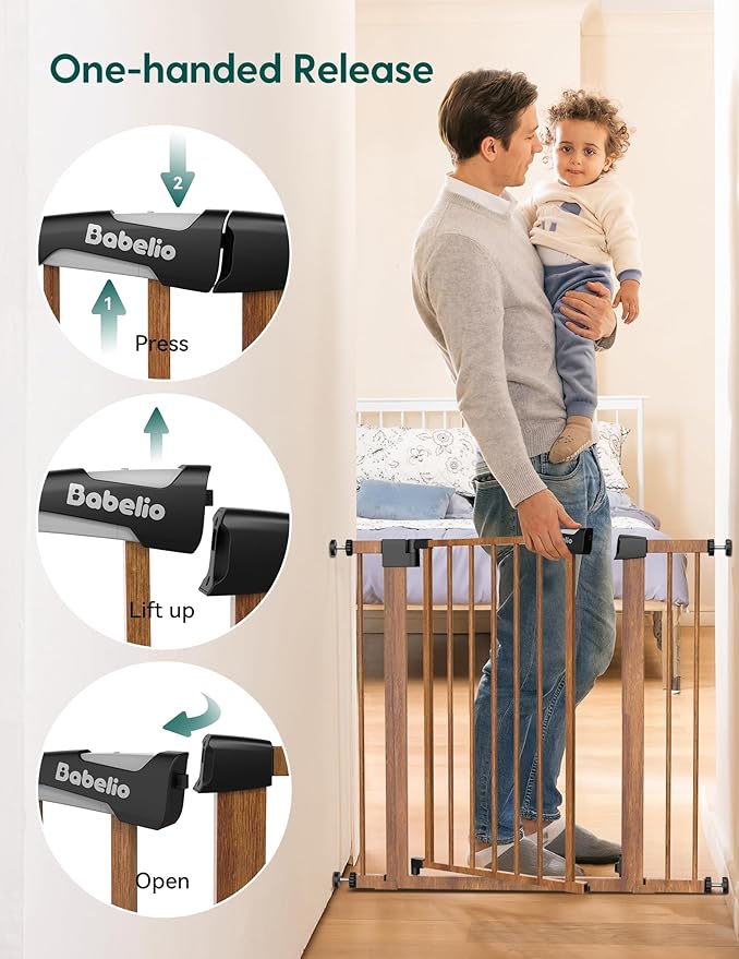 Mom's Choice Award Winner-BABELIO 26-40 Inch Metal Baby Gate with Wood Pattern, Easy Install Pressure Mounted Dog Gate, Ideal for Stairs and Doorways, with Wall Protectors and Extension Kits