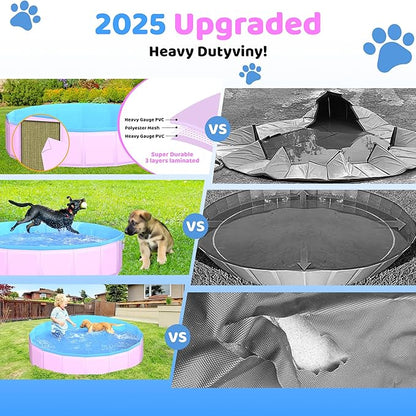 2025 Updated Foldable Dog Pool, 71" x 12" Kiddie Pool with Hard Plastic, Non-Slip Dog Bath Tub for Outdoor Backyard, Collapsible Dog Swimming Pool for Kids Dogs Pets (Pink)