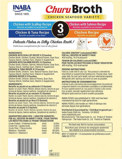 INABA Churu Broth for Cats, Side Dish Pouch, 1.4 Ounces per Pouch, 12 Pouches, Chicken & Seafood Variety