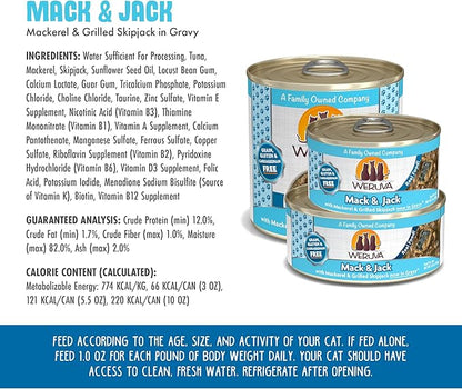 Weruva Classic Cat Food, Mack & Jack with Mackerel & Grilled Skipjack in Gravy, 10oz Can (Pack of 12)