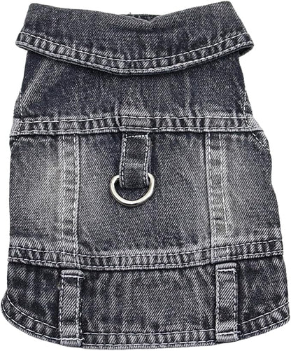 Puppy Clothes for Small Dogs Boy,Classic Western Denim Dog Coat,Dog Jeans Jacket with Leash D-Ring,Pet Cat Costumes,Cooling Harness Vest for Walking (Black, X-Small)