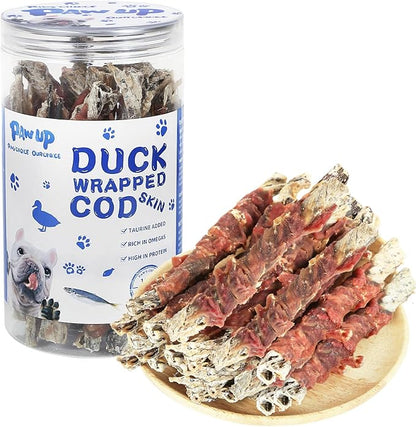 Cod Skin Dog Treats with Duck Dog Snacks High Protein and Omega-3, Natural Dog Chews w/Taurine, 12.5 oz