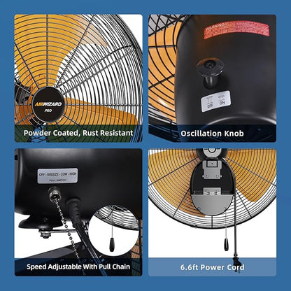 Oscillating High Velocity Wall Mount Fan, Industrial Heavy Duty Metal Wall Fans, 3 Speeds, Adjustable Tilt, Quiet Operation Commercial Shop Fan for Garage (18 Inch - Indoor)