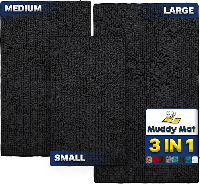 Muddy Mat® Pack of 3 Highly Absorbent Microfiber Dog Door Mat and Pet Rug, Non Slip Thick Washable Area Mat Soft Chenille for Kitchen Bathroom Bedroom and Outdoor - Black Small, Medium & Large