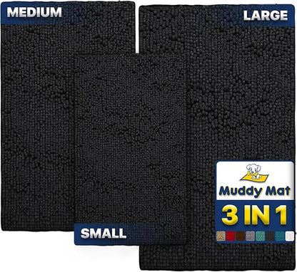 Muddy Mat® Pack of 3 Highly Absorbent Microfiber Dog Door Mat and Pet Rug, Non Slip Thick Washable Area Mat Soft Chenille for Kitchen Bathroom Bedroom and Outdoor - Black Small, Medium & Large