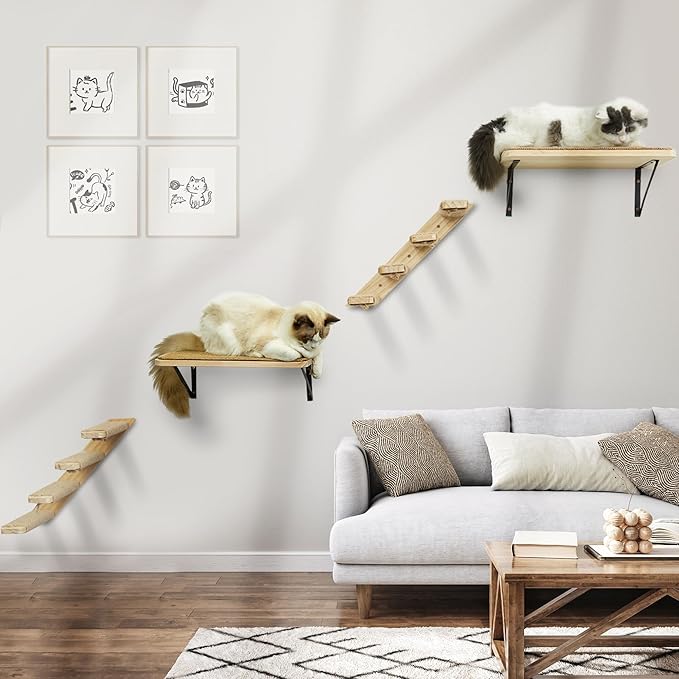 Cat Wall Furniture Set, 2PCS Cat Shelves & 2PCS 4 Steps Wall Shelves Stairs Tower Climbing Scratching Perches for Climbing Sleeping, Playing