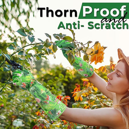 HANDLANDY Women Gardening Gloves, Thorn Proof Breathable Ladies Rose Pruning Long Gauntlet Floral Print Garden Yard Gloves, Gift for Gardeners (Green, M)