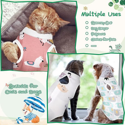 Nuanchu 3 Pieces Cat Recovery Suit Kitten Recovery Suit E-Collar Alternative for Cats and Dogs Abdominal Skin Anti Licking Pajama Clothes Sets(Cute Pattern,Large)