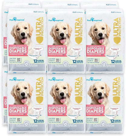Paw Inspired Disposable Dog Diapers | Female Dog Diapers Ultra Protection | Diapers for Dogs in Heat, Excitable Urination, or Incontinence (12&144 Count) (X-Large (144 Count))