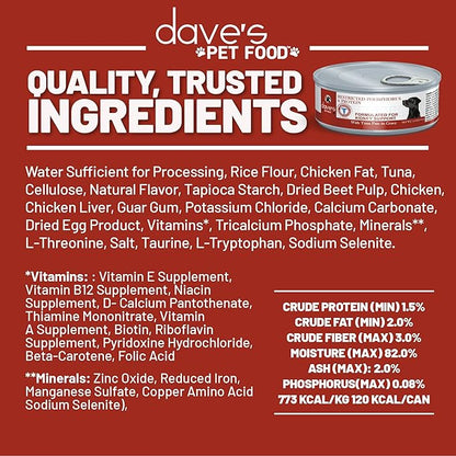 Dave's Pet Food Kidney Support Dog Food (Tuna Pate), Non-Prescription, Low Phosphorus, Low Sodium, Wet Canned, Renal Kidney Care, Vet Formulated, 5.5 oz (24 Pack)