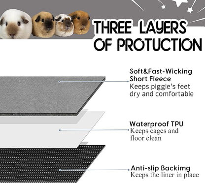 Guinea Pig Cage Liner, 1 Pack - Washable, Reusable, Leakproof Fleece Bedding Pads for Small Animals with Anti-Slip Bottom - for C&C 2X3 Area, Gray