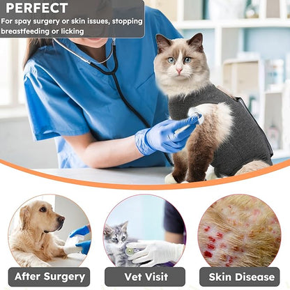 Cat Recovery Suit for Spay Abdominal Wounds, Kitten Onesie Bodysuit for Cats After Surgery, Cat Surgery Recovery Suit Female Cone of Shame Alternative for Cats Anti Licking (Dark Grey M)
