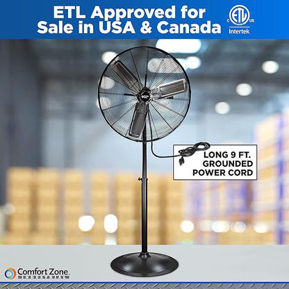 Comfort Zone Industrial Pedestal Fan, 30 inch, 3 Speed, High Velocity, Adjustable Height 56” to 76”, Metal, Meets OSHA Standards, Airflow 36 ft/sec, Ideal for Garage, Workshop or Warehouse, CZHVP30