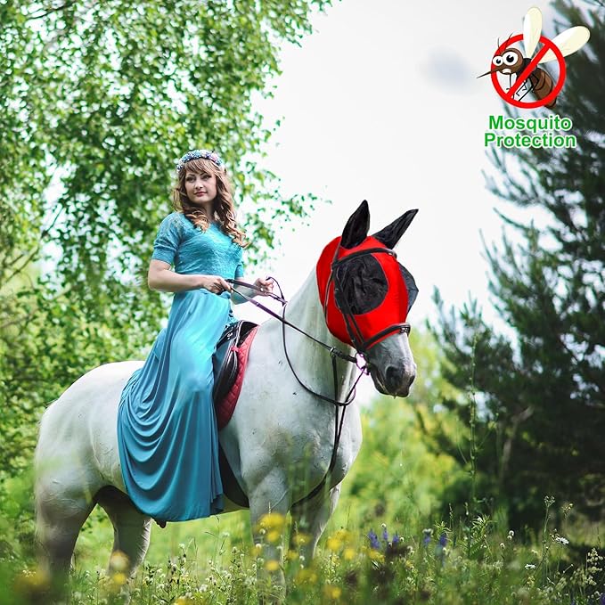 Horse Fly Mask with Ears, Comfortable Fit Stretch Fabric with UV Protection Soft on Skin Breathability for Small/Medium Size Horses (Red)