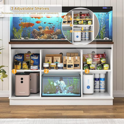 Farmhouse 55-75 Gallon Fish Tank Stand with Power Outlet, Aquarium Stand with Cabinet&Sliding Barn Door, Heavy Duty Reptile Tank Stand for 2 Fish Tank/Turtle Tank/Reptile Terrarium, White