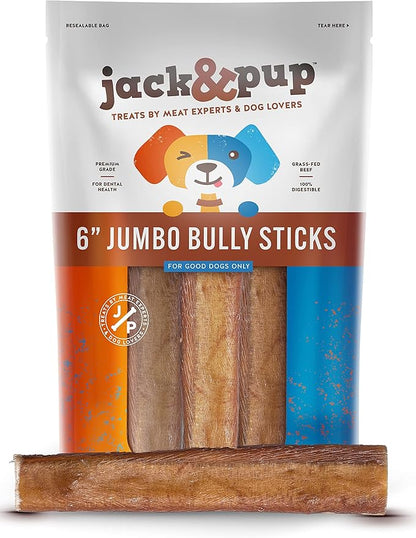 Jack&Pup 6-inch Jumbo Bully Sticks (6 Pack) Single Ingredient, Extra Thick Pizzle Sticks for Dogs | Longest Lasting Bully Sticks for Medium to Large Dogs