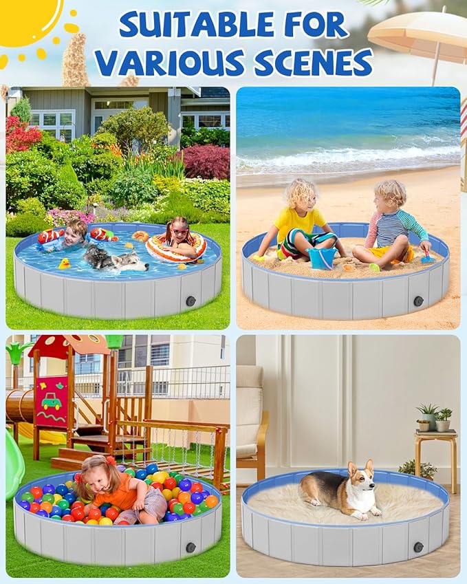 Portable Dog Pool PVC Pet Swimming Hard Plastic Pool Bathtub Collapsible Dog Poo for Pets to Swim and Bath (XL-63"x 12" Light Grey)