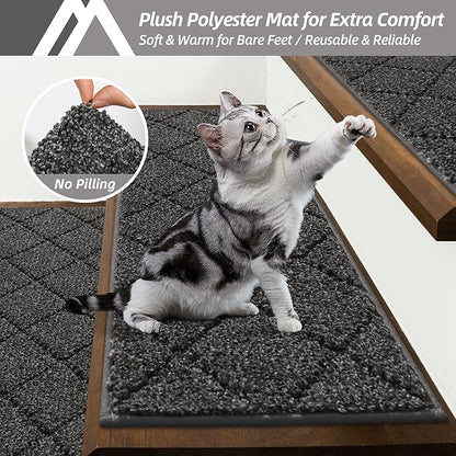 COSY HOMEER Edging Stair Treads Non-Slip Carpet Mat 28inX9in Indoor Stair Runners for Wooden Steps, Edging Stair Rugs for Kids and Dogs, 100% Polyester TPE Backing (15pc, Black)