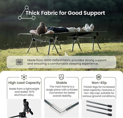 ONETIGRIS SUPRANUBIS Camping Cot, Height Adjustable with Cot Leg Extenders, Strong Support 330lbs, Lightweight Comfortable Folding Bed for Camping, Hiking, Travel, Truck, Beach, Office Nap