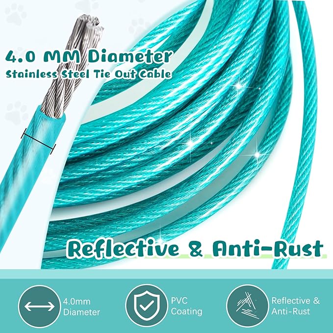 Tie Out Cable for Yard - 20FT Heavy Duty Dog Leads, Chew Proof for Large Dogs Up to 125lbs