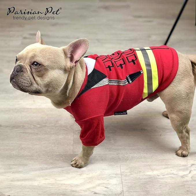 Parisian Pet Embroidered Firefighter Dog Costume - 100% Cotton & Polyester, Sleeved, Medium Dog Size, Red, Lightweight