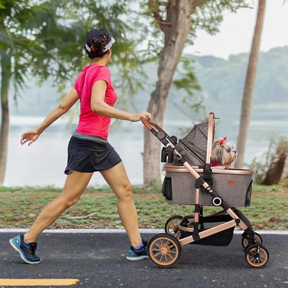 Pet Stroller with 4 Wheels, Foldable Pet Travel Carrier for Small/Medium Dogs Cats up to 50lbs, Detachble Portable Pet Bag, Storage Basket, Car Seat 3 in 1 Multifunctional (Tan)