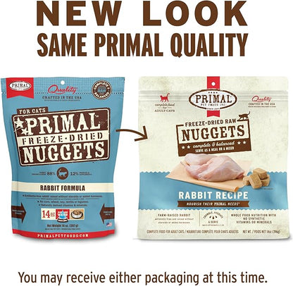 Primal Freeze Dried Raw Cat Food Nuggets Rabbit, Complete & Balanced Meal or Topper, Premium, Healthy, Grain Free, High Protein Raw Cat Food with Probiotics (5.5 oz)