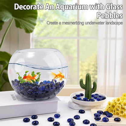 Blue Glass Marbles, 0.97 LB Transparent and Smooth Flat Glass Beads for Vases, Mosaic Gem Pebbles for Aquarium Decor, Floral Arrangements, Mancala Stones, Vase Filler and Crafts (Approx. 80-100 PCS)
