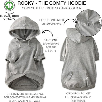 Rocky – The Orginal Lightweight Hooded TEE 100% Organic Cotton Dog Hoodie Pet Coat Sweater for Small, Medium, Large Dogs, Heather Gray, XX-Small