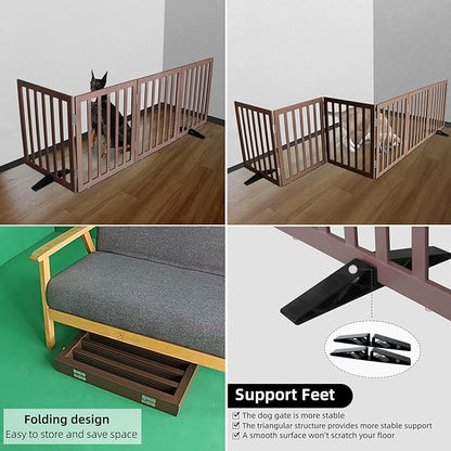 ZJSF Freestanding Indoor Dog Gate for House Foldable Wood Puppy Gate for Doorways Pet Gate for Stairs Extra Wide Pet Fence, Brown, 24" Height 3 Panels