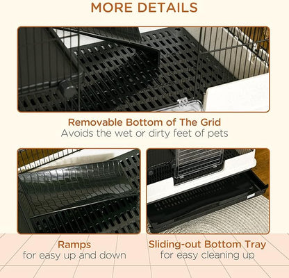 PawHut 26" Small Animal Cage with Wheels, 2-Level Portable Bunny Cage, Chinchilla Ferret Cage with Removable Tray, Platform and Ramp