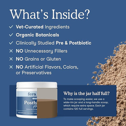 Fera Pets Postbiotics Plus Prebiotics for Dogs & Cats - with Slippery Elm - Promotes Optimal Digestive Health & Inflammatory Response - Enhances Immunity - 120 Scoops
